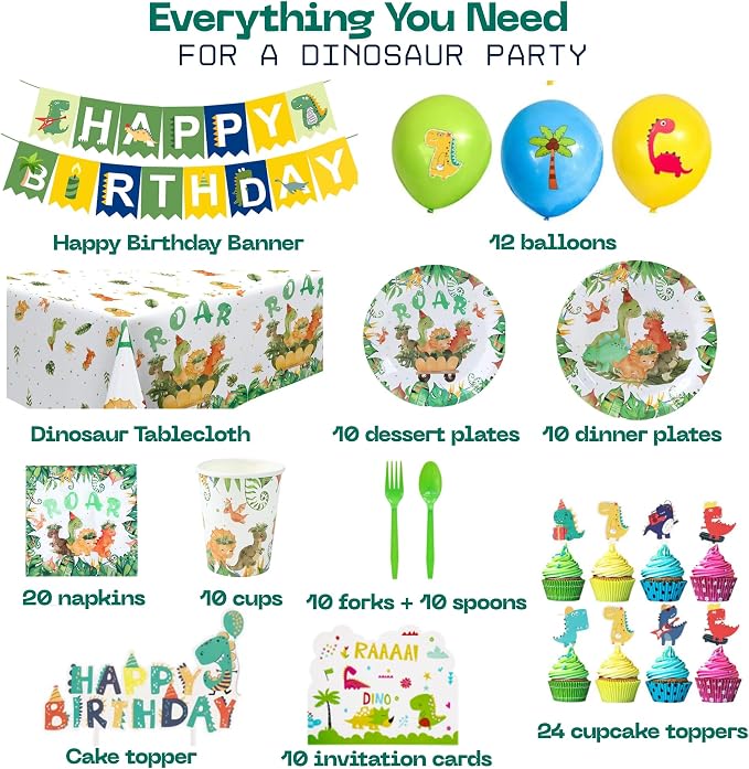 Dinosaur Birthday Party Decorations Set – 119 PCS Dino Theme Party Supplies for Kids, Banner, Balloons, Plates, Cups, Napkins, Tablecloth, Invitations & Cake Toppers