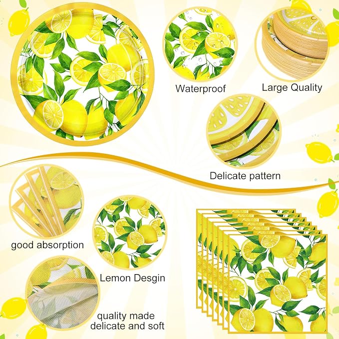 Funnymoom 200 Pcs Lemon Party Supplies Kit Summer Fruit Theme Disposable Paper Dinner Dessert Plates Luncheon Napkins Beverage Napkins for Yellow Lemon Birthday Baby Shower Wedding Party 50 Guests