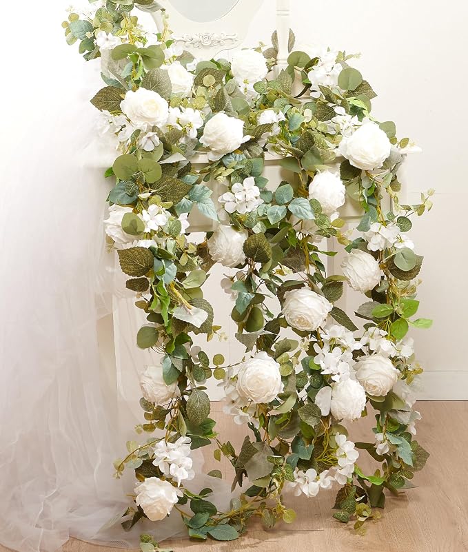 PONKING Flower Garland Artificial Rose & Hydrangea Vine Hanging Fake Flowers Vines for Wedding Birthday Party Valentines Christmas Room Wall Arch Decor, 1 Rose & 1 Hydrangea White Floral Garland