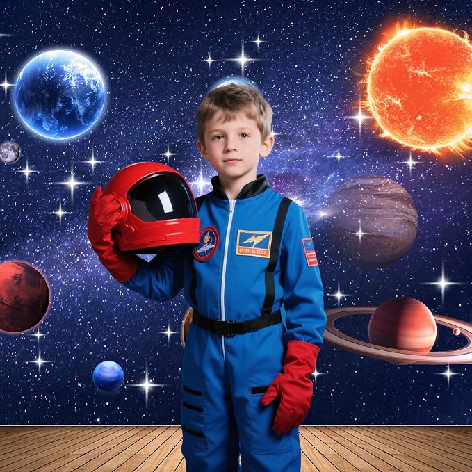 7x5FT Outer Space Backdrop with Ribbon – Galaxy Planet Space Backdrop for Boys Girls Birthday Party Decorations, Starry Sky Photography Background with Brass Grommets & Double Stitching