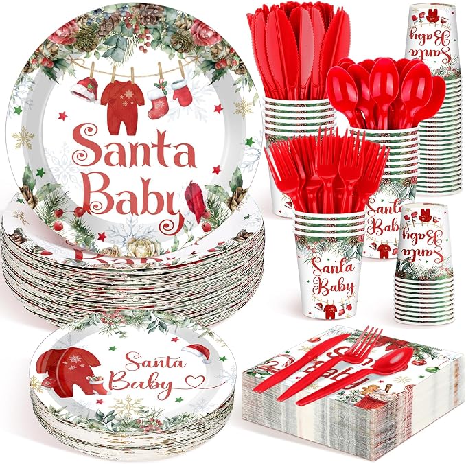 Dandat 350 Pcs Baby Shower Plates Set Serves 50 Tableware Sets Include Plates Napkin Cup Forks Knives Spoons Disposable Dinnerware (Christmas Santa Baby,Red)