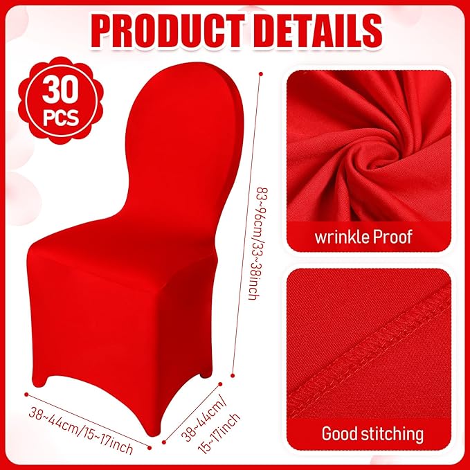 Moukeren 30 Pcs Wedding Chair Covers Spandex Folding Chair Covers Stretch Universal Polyester Fitted Seat Slipcovers for Wedding, Banquet, Celebration, Holidays, Dining Room, Living Room (Red)