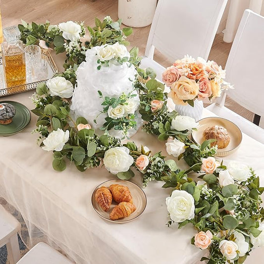 PONKING Flower Garland Artificial Rose Vine Flowers Hanging Fake Roses Vines for Wedding Birthday Party Valentines Christmas Room Wall Arch Decor, 2 White & 1 Light Pink Floral Garland Decorations