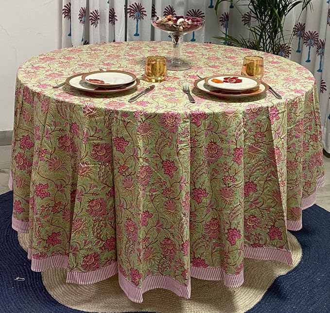Ridhi Round Tablecloth Hand Block Print 100% Cotton Reusable Pistachio Green 60 Inch Table Cover Decorative Everyday Use for Dining, Home, Party, Wedding, Farmhouse Gift for Spring, Mother's Day
