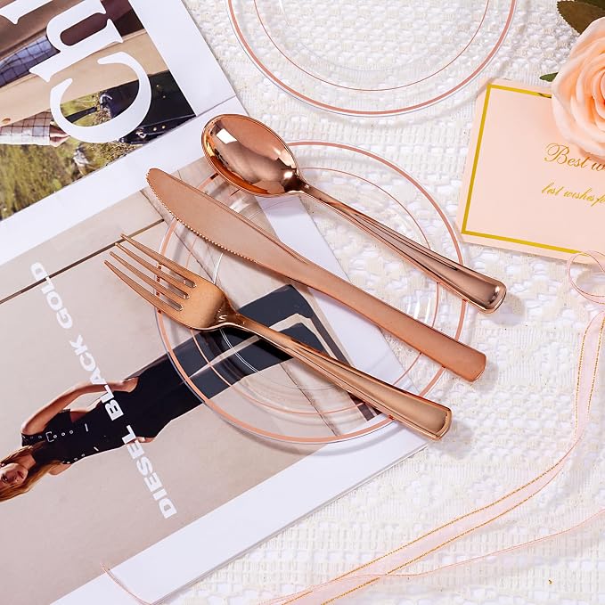 bUCLA 100PCS Clear Rose Gold Plastic Plates Disposable - Heavy Duty 6.25 Inch Clear Plastic Dessert Plates with Rose Gold Trim - Ideal for Party & Wedding