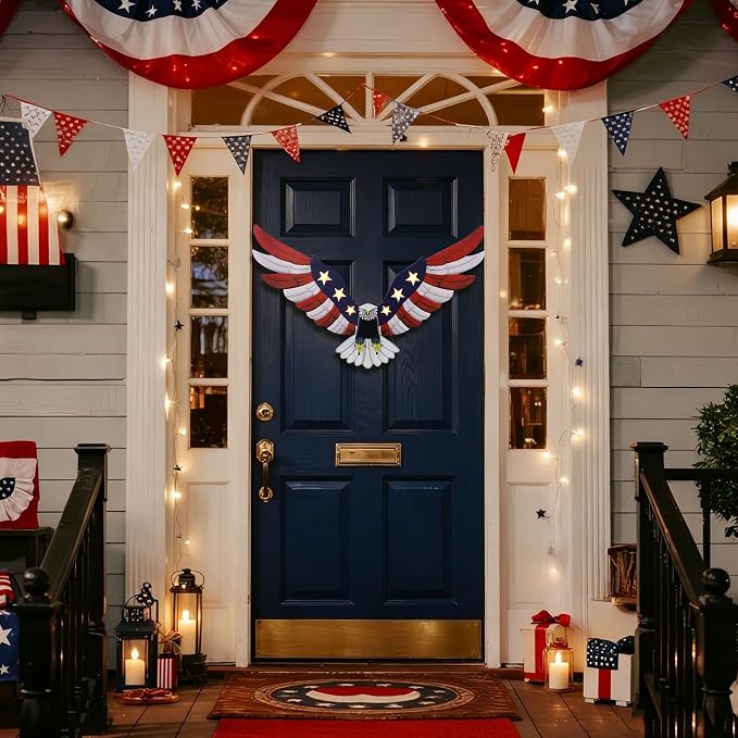 Adroiteet Lighted American Eagle 4th of July 250th Decorations Outdoor with Timer LED Lights Patriotic Metal Wall Art for Golf Cart Indoor Front Door American Flag Eagle Decor, 23.6" x 15.7"