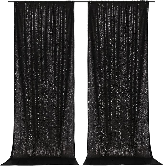 PartyDelight Black Sequin Backdrop 5x10ft 2 Panels 4 Inch Rod Pocket | Dense 3mm black sequins on mesh backing with 4 inch rod pocket for wide reception walls head tables stages and layered event