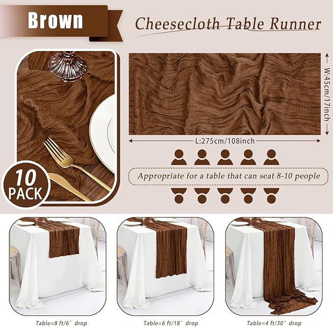10 Pack Brown Cheesecloth Table Runner 17x108 Inch Semi Sheer Boho Rustic Gauze Cheese Cloth Table Runners for Wedding Party Birthday Baby Shower Home Décor