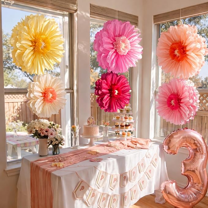 Giegxin 6 Pcs 31.5", 24" Giant Colorful Paper Flowers Mexican Fiesta Tissue Flowers for Wall Decorations Pink White Yellow Large Crepe Flower for Wedding Birthday Classroom Bridal Shower Bachelorette