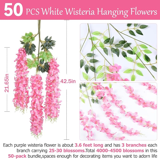 50 Pack Pink Wisteria Hanging Flowers,Fake Hanging Wisteria Flowers Garland for Decoration (3.6 Ft/Pcs)