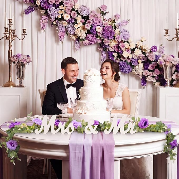 Canlierr 2pcs Large White Mr & Mrs Sign for Wedding Table with 5.91ft Artificial Flowers Garland, Wedding Centerpieces Wooden Bride and Groom Table Decorations for Engagement Decor (Purple)