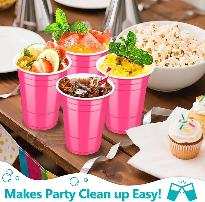 LANLISA 50 Hot Pink Plastic Cups, 16 oz Disposable Cups, Drinking Cups For Birthday Party, Valentines, Mothers Day