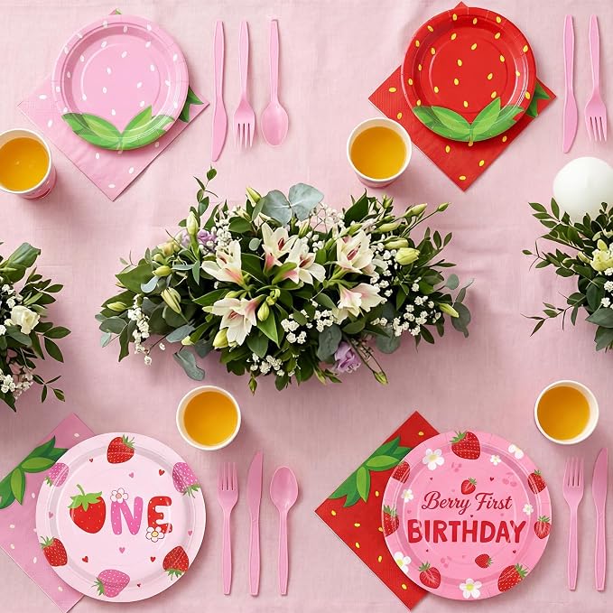 Kochorie 400 Pieces Strawberry Disposable Tableware Sets, Summer Fruit Party Supplies with Strawberry Birthday Party Plates Cups Napkins Cutlery Serves 50 for Berry First Birthday Decorations
