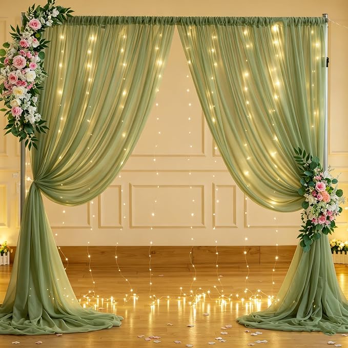 20 x 10ft Sage Green Chiffon Backdrop Curtain with Lights String for Parties,4 Panels Sheer Tulle Curtain Wedding Backdrop for Baby Shower Birthday Party Ceremony Reception Home Decorations