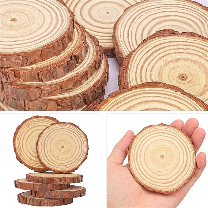 70 PCS Unfinished Wood Slices for Centerpieces, 3.15-4 Inch Natural Wood Slices with Tree Bark for DIY Crafts, Ornaments, Art & Decor