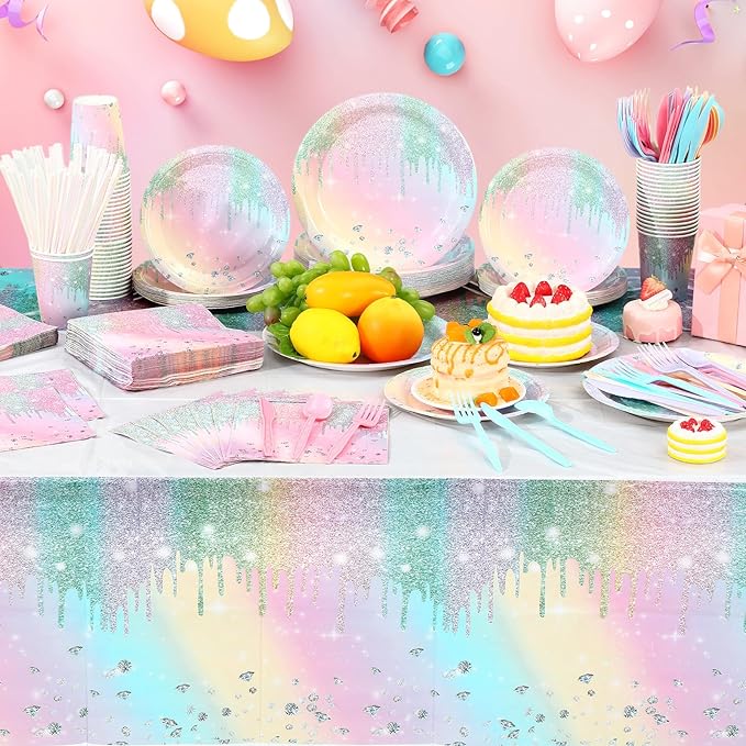 Funnymoom 452 Pcs Iridescent Diamond Birthday Party Decorations for 50 Guests, Glitter Pastel Rainbow Paper Plates and Napkins Cups Tablecloth Cutlery Straws for Women Birthday Baby Shower Supplies
