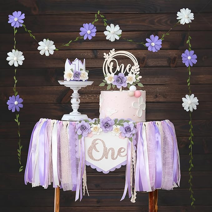 JUIIZAY First Birthday Decorations for Girl Purple High Chair Banner One Flower Cake Topper Floral Hat Wildflower Garland 1st Birthday Decoration Supplies