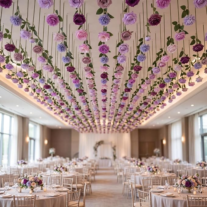 Lyrow 120 Pack Artificial Flower Hanging Flowers Ornament Floating Garland Ceiling Strings for Wedding Anniversary Engagement Marriage Proposal Floral Birthday Party Decor (Rose,Purple)