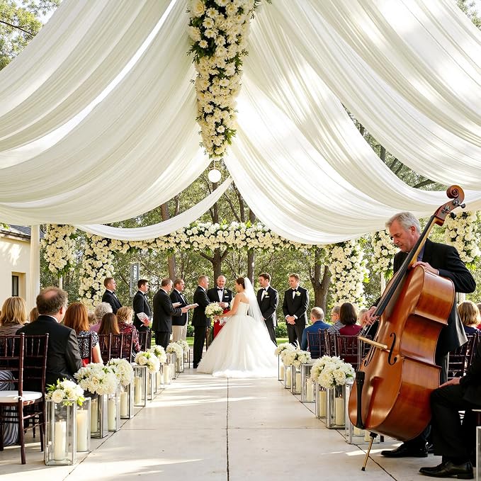 4 Panels 5x20ft Ivory Ceiling Drapes for Wedding Parties, Wrinkle Free Thick Polyester 20ft Extra Long Wedding Draping Ivory Ceiling Curtains Arch Drapery for Birthday Party Canopy Tent Decor