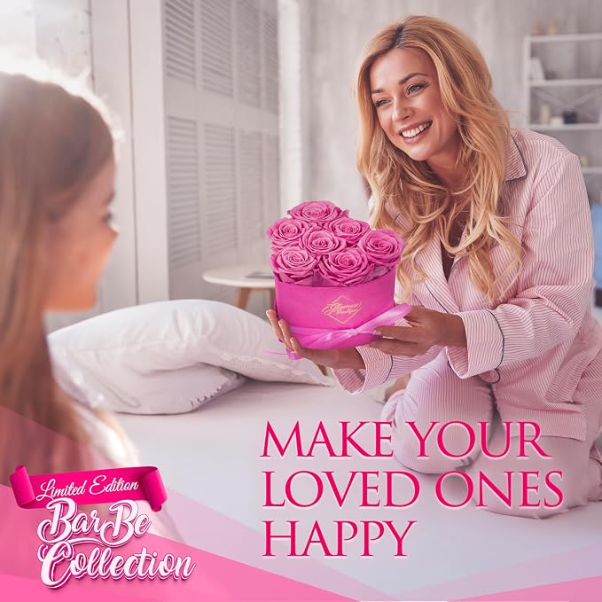 GLAMOUR BOUTIQUE 7 Flower Forever Heart Shape Box, Mothers Day Gift For Mom, Eternal Preserved Roses Gift for Her, Flowers bouquet, For Birthday, Anniversary, Girlfriend - Velvet Pink (Color-Treated)