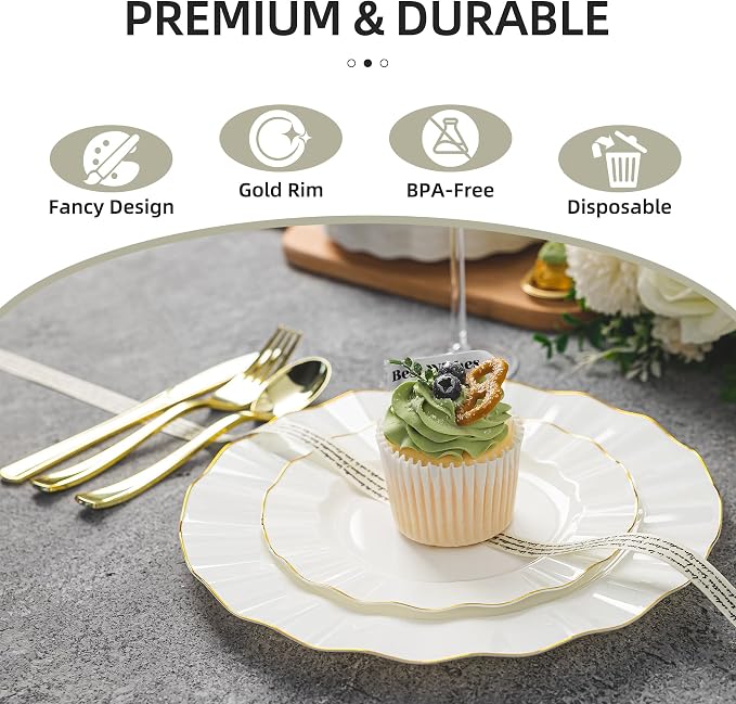 125PCS Ivory Plastic Plates Sets with Gold Rim, Gold Dinnerware Set for 25 Guests, 50 Disposable Dinner and Dessert Plates, 75 Silverwares for Party and Wedding