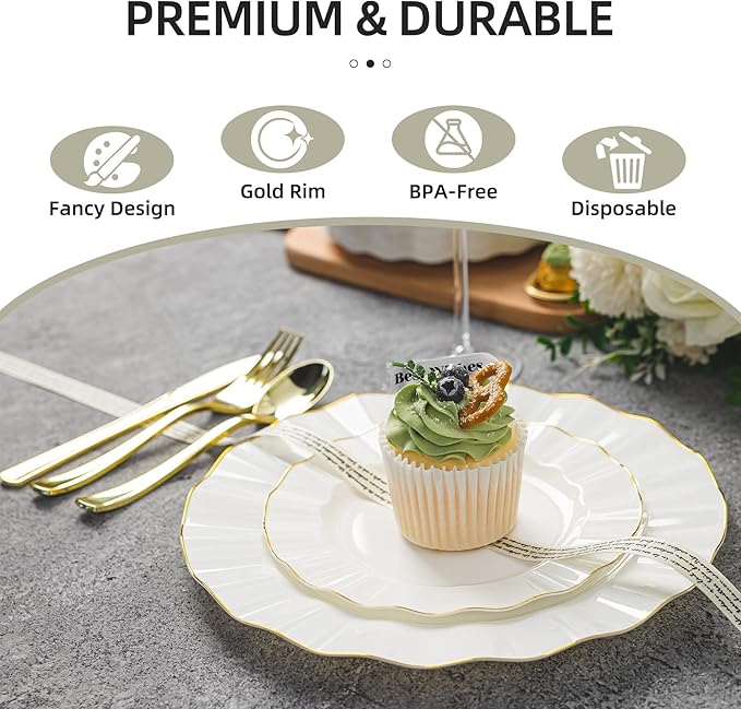 250PCS Ivory Plastic Plates Sets with Gold Rim, Gold Dinnerware Set for 50 Guests,100 Disposable Dinner and Dessert Plates, 150 Silverwares for Party and Wedding