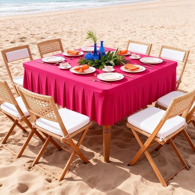 2 Pack Hot Pink Spandex Tablecloths for 34x34 Inch Square Tables, Stretch Fitted Table Clothes with Pleated Ruffle Skirt for 34” Table, Wrinkle Free and Elastic, for Party Kitchen Home Dining