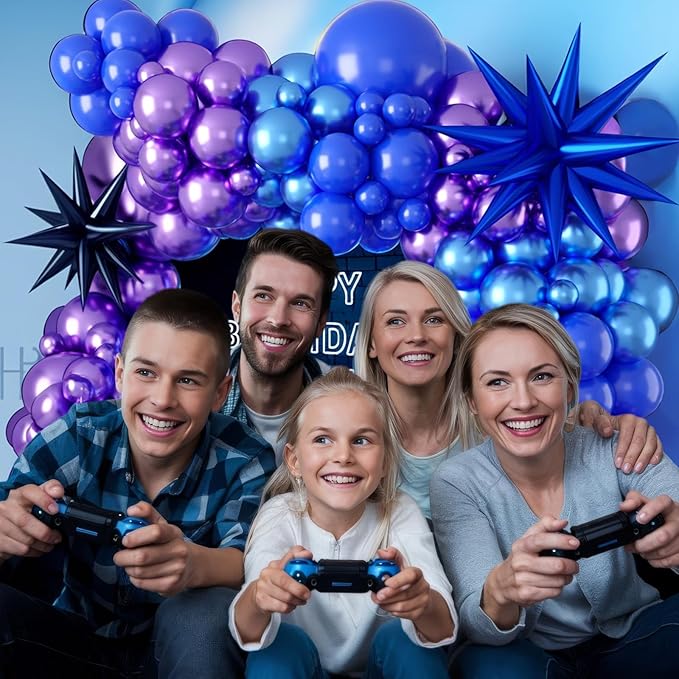 Purple Blue Balloon Arch Kit, Metallic Purple and Blue Balloons Garland Kit with Star Balloons Party Birthday Balloons for Boys Video Game Birthday Baby Shower Engagement Party Supplies
