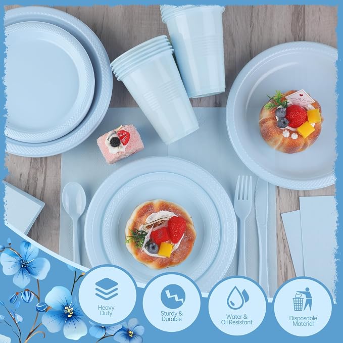 Kochorie 240 Pieces Light Blue Plastic Dinnerware Set Disposable Heavy Duty Plates Napkins Cups Silverware Dessert Dinner Plates for Birthday Wedding Baby Shower Party Supplies, Serves 30 Guests