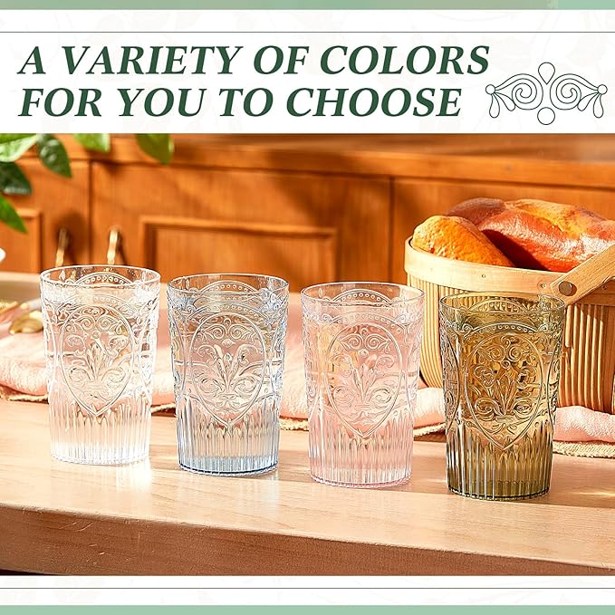 Plastic Vintage Drinking Glasses - 16 oz Stemless Ribbed Highball Glasses Bulk Embossed Reusable Cups for Water Beer Cocktails Juice Wedding Bridal Shower Birthday Event Party(Blue,100 Pcs)