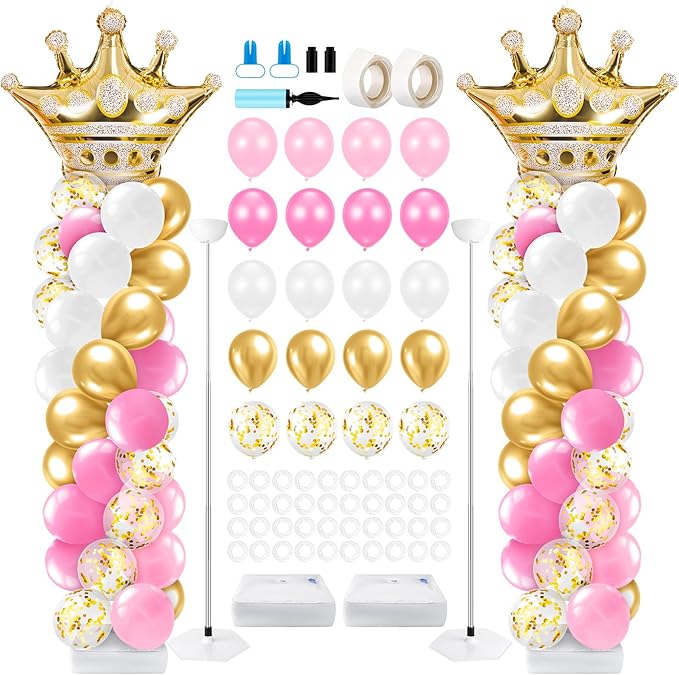 Kasyat 2 Sets Princess Party Balloon Column Stand Kit with 2 Crown Foil Balloons 100 Latex Balloons, Adjustable Stands Pink and Gold Balloon Stand Kit for Baby Shower Birthday Party Supplies