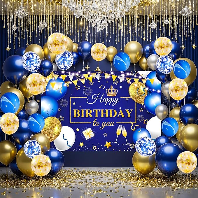 63 PCS Blue Golden Birthday Party Balloons Decorations for Men Women | with Photography Background Backdrop, Happy Birthday Sign Banner, Confetti Balloons