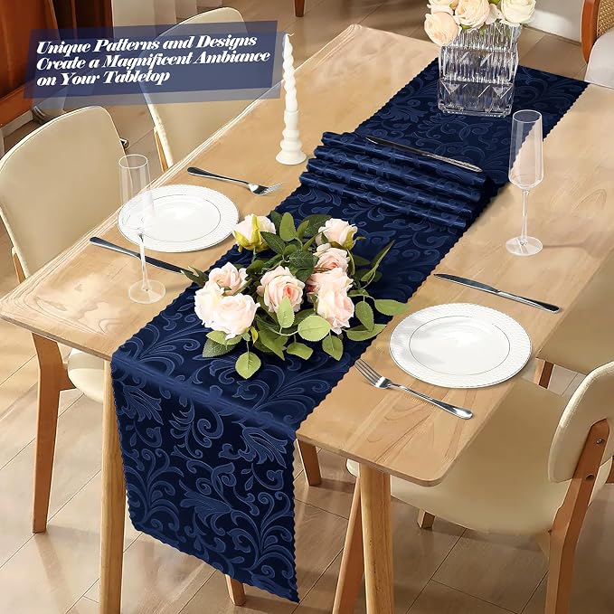 MILVOWOC 4 Pack Navy Blue Damask Table Runner, 12 x 72 Inch Satin Jacquard Rectangle Decorative Table Runner for Party Banquet Birthday Dinner Wedding Table Decor