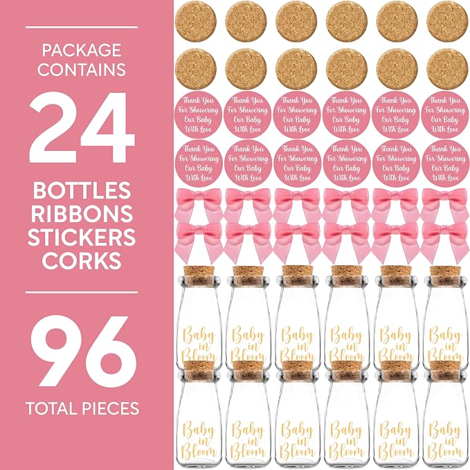 Ethisa Vintage 24 Pack Baby in Bloom Milk Glass Bottles with Ribbons and Stickers - Classy Baby Shower Favors for Guests and Table Centerpieces - Dusty Pink Floral Decorations and Candy Jar Keepsakes