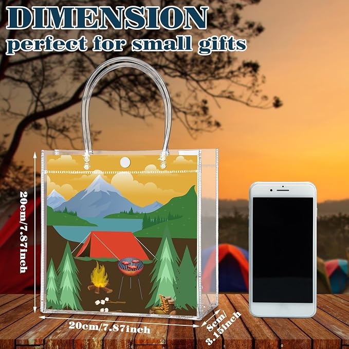 Teenyyou 24 Pcs Camping Theme Clear Gift Bags with Handles Outdoor Adventure Transparent Tote Bags Reusable PVC Gift Container for Camping Theme Party, Bridal Shower, Birthday Party Favors
