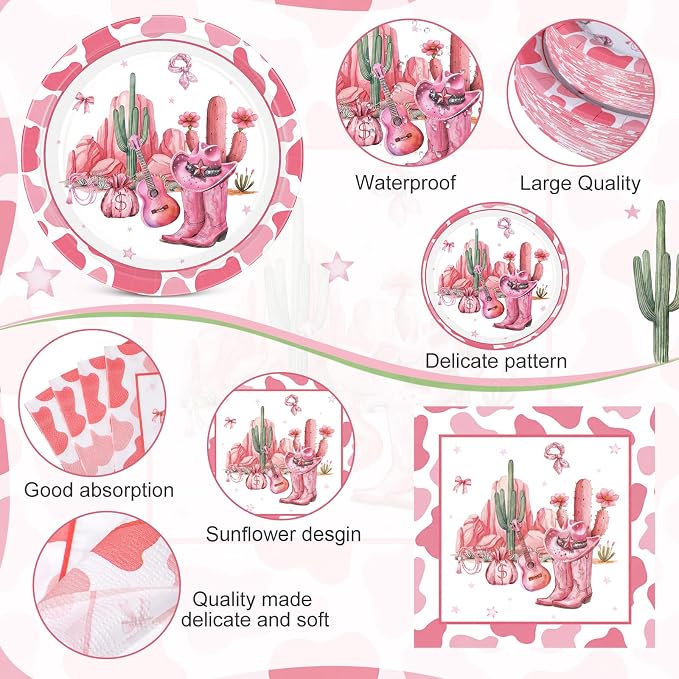 Pickmesh 250 Pcs Cowgirl Party Decorations Pink Cowgirl Rodeo Birthday Coquette Bow Western Theme Disposable Plates Napkins Cups for Bachelorette Baby Shower Tableware Party Supplies Serve 50