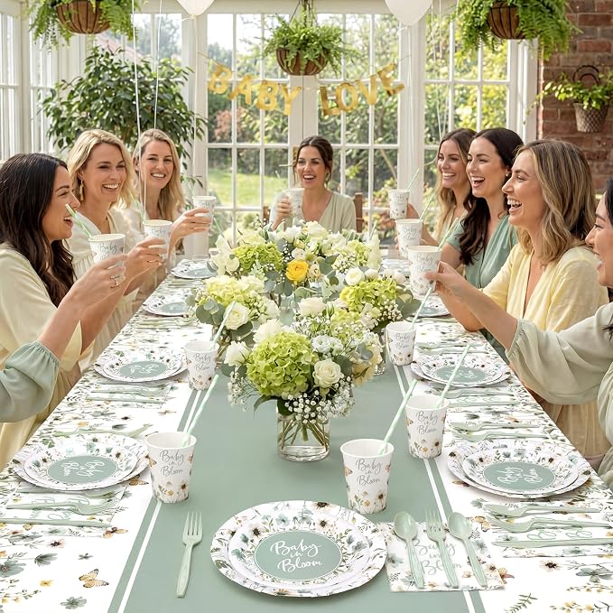 LemonRoad 452 Pcs Sage Green Baby in Bloom Decoration for 50, Green Baby Shower Paper Plates Napkins Cups Tablecloth Cutlery Straws Disposable Tableware for Spring Wildflower Babys Shower Party Supply