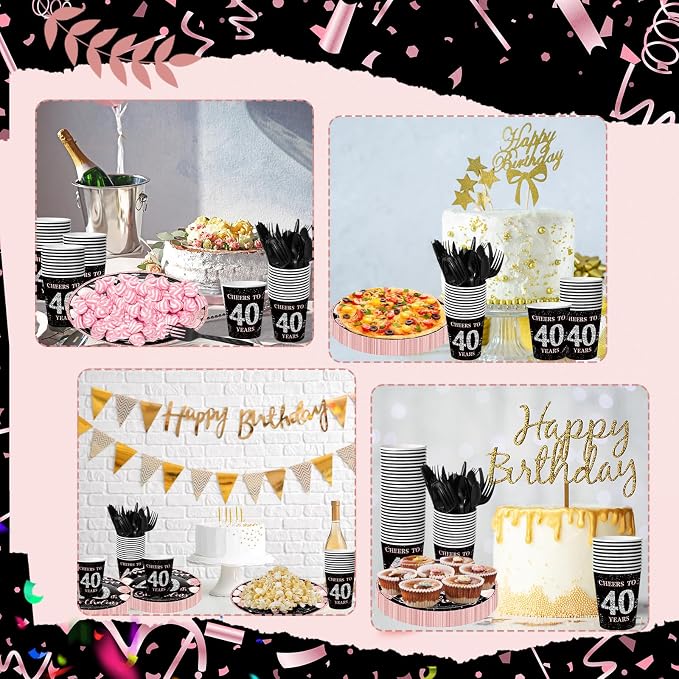 240 Pcs 40th Birthday Decorations 1986 Birthday Party Tableware Include Plates Napkins 9oz Cups Cutlery 40th Anniversary Party Supplies for Men Women Him Her, Serve 30 Guests (Black Pink)