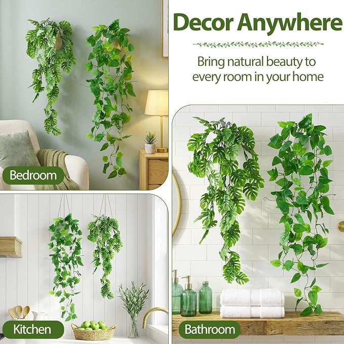 Daifunli 12 Pcs Artificial Hanging Plants Fake Hanging Ferns Plastic Fake Plant for Wall Room Garden Garland Indoor Outdoor Decor No Basket (Monstera Vine,Ivy Vine)