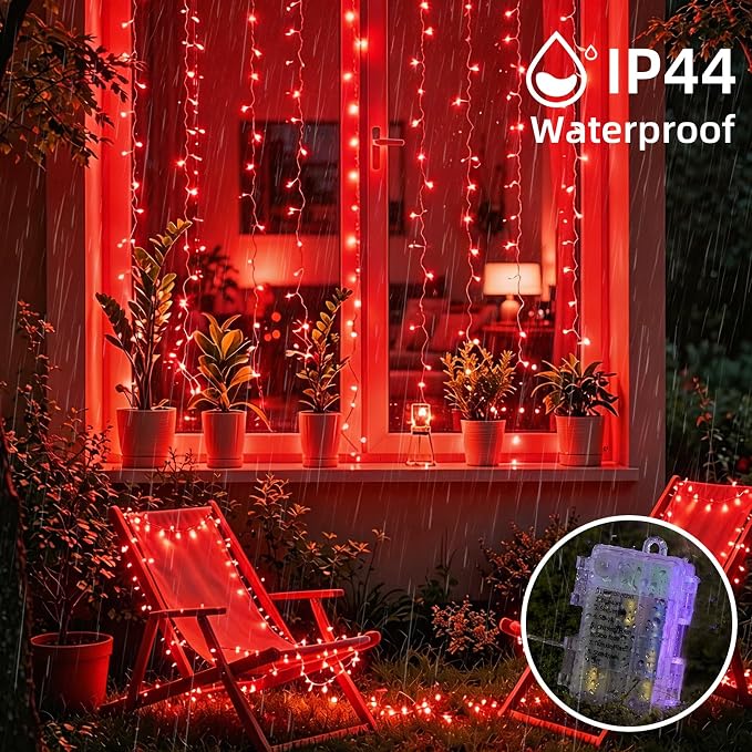 QITONG 2 Pack String Lights Battery Operated, Each 33ft 100 LED Red Christmas Lights Outdoor Waterproof, 8 Modes Clear Wire Twinkle Fairy Lights Indoor with Remote