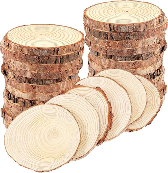 30 PCs 3.5-4 Inch Wood Slices for Crafts,Unfinished Wood Rounds with Bark, Round Wooden Discs Circles for Christmas Ornaments Wedding Rustic Decoration DIY Handcrafts Arts