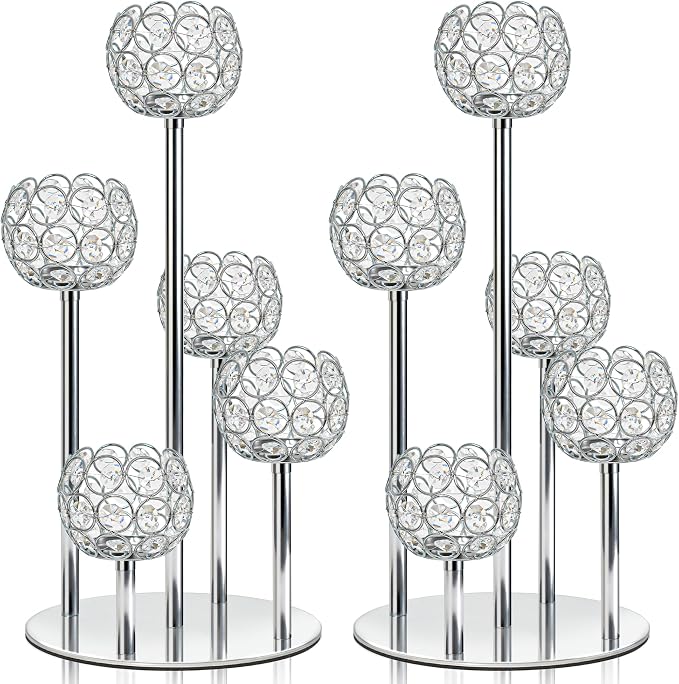 5-Arm Crystal Tealight Candelabra Centerpiece, 14.8 Inch Metal Candle Holder for Table Decor, Wedding, Christmas, Party, Anniversary & Home Decoration (2, Silver, S-14.8 in)