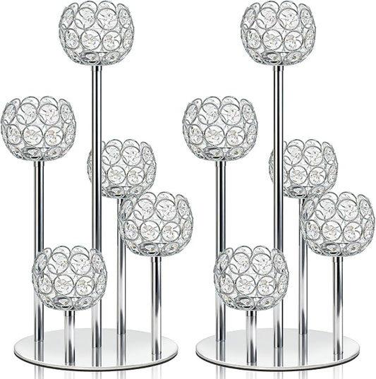 5-Arm Crystal Tealight Candelabra Centerpiece, 14.8 Inch Metal Candle Holder for Table Decor, Wedding, Christmas, Party, Anniversary & Home Decoration (2, Silver, S-14.8 in)