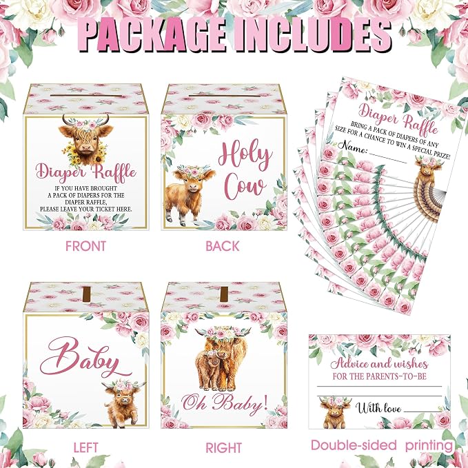 Teling 51 Pieces Diaper Raffle Tickets with Card Box Baby Shower Decorations Baby Shower Holder Box for Girl Boy Diaper Raffle Party(Highland Cow)