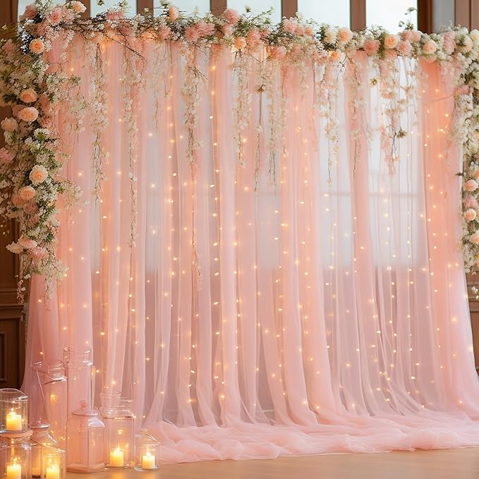 10x10ft Peach Tulle Backdrop Curtain with Lights String for Parites, Sheer Photo Backdrop Curtains for Wedding Baby Shower Birthday Party Photo Shoot Background Decorations