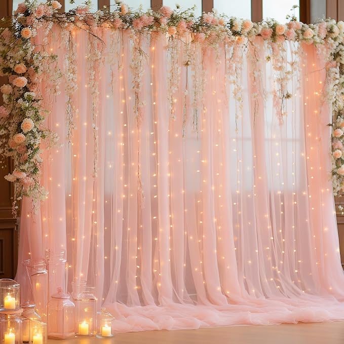 10x8ft Peach Tulle Backdrop Curtain with Lights String for Parites, Sheer Backdrop Drapes for Wedding Baby Shower Birthday Party Photo Shoot Decorations