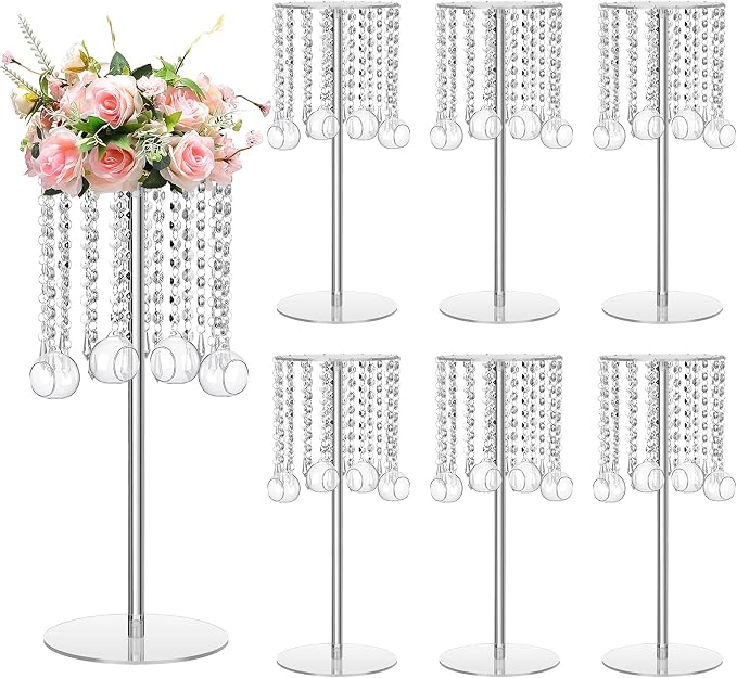 Yerliker 6 Sets 19.69 Inch Acrylic Wedding Centerpiece Flower Stand with Hanging Glass Tealight Globe Candle Holders Crystal Tall Flowers Vase for Birthday Wedding Party Table Decoration