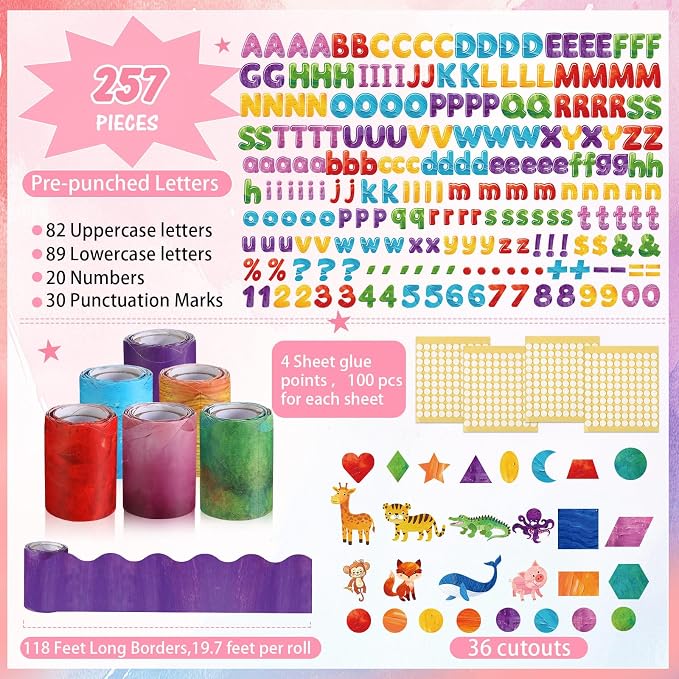 Kosiz Art Oil Painting Bulletin Board Decoration Set 118 ft Scalloped Bulletin Board Borders Classroom Poster Border Trim with 257 Pcs Letter Number Symbol Cutout for School Decor