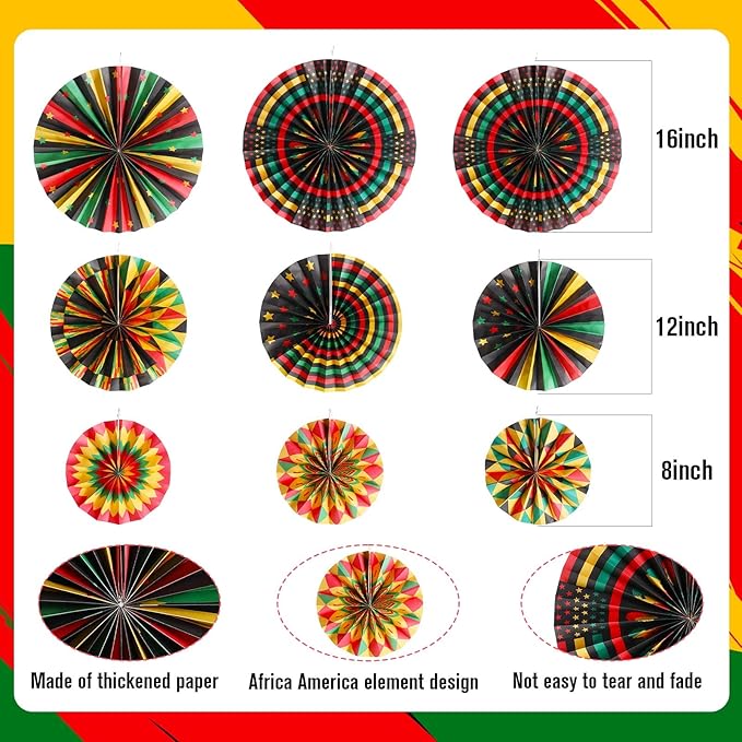 Outus Black History Month Decorations Paper Fans Juneteenth Hanging Paper Fans Kente Ceiling Wall Garland for African American Party Bulletin Board Classroom Decor(9 Pcs,Classic)