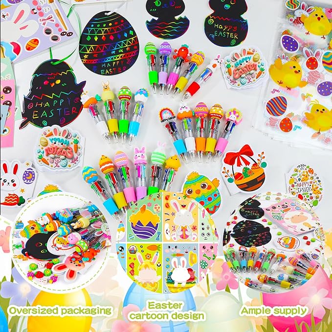 24 Pack Easter Party Favors Classroom Gifts Set with Classic Spring Designs, Easter Goodie Bags with Notebooks Pens Stickers Tattoos Scratch Art for Classroom Gifts Basket Stuffers